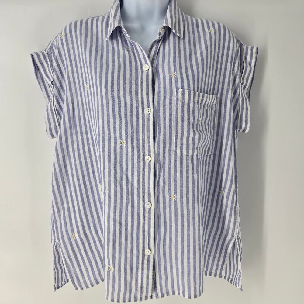 Rails Whitney Blue Stripe Daisy Embroidery Linen Blend Shirt – Small